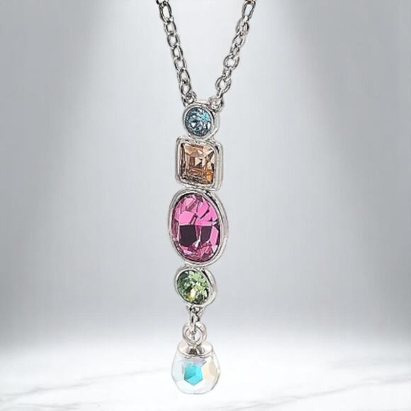 Multi-Stone Drop Pendant Necklace Made with Swarovski Crystals 16" + 2" Extender - Picture 2 of 9